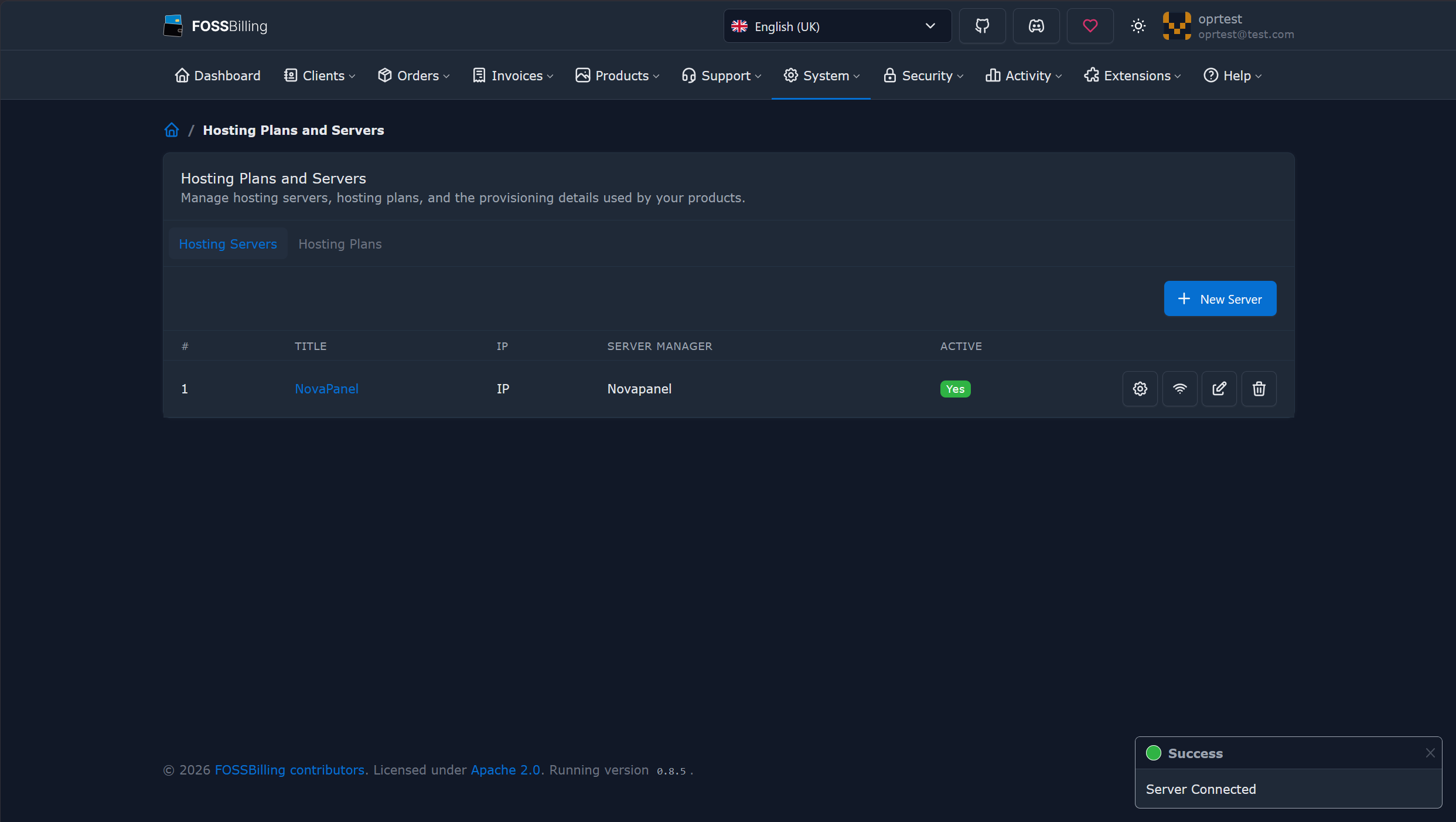 The NovaPanel server connected in FOSSBilling's Hosting Plans and Servers screen