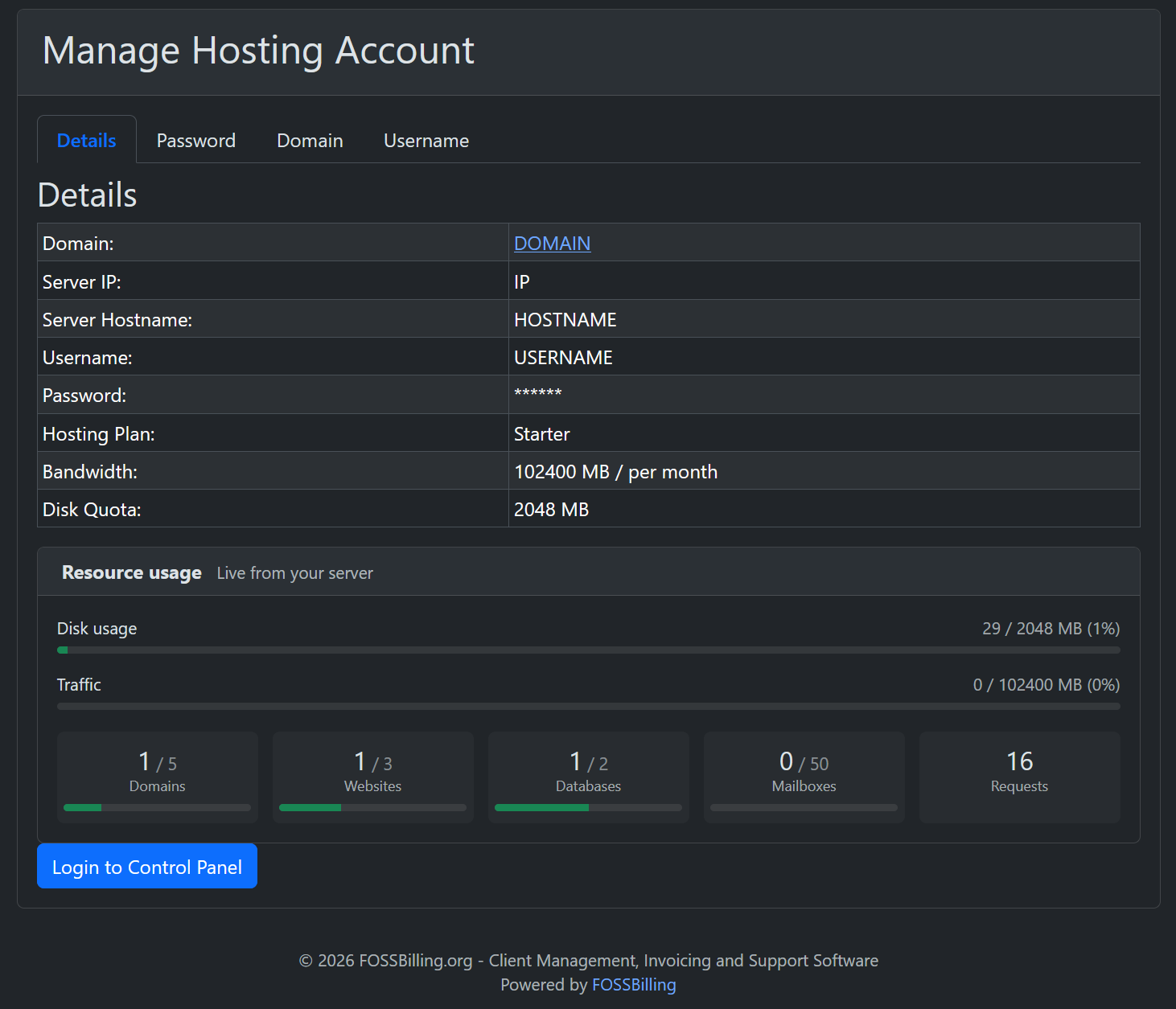 A hosting order in FOSSBilling showing live disk, traffic and resource usage read from NovaPanel